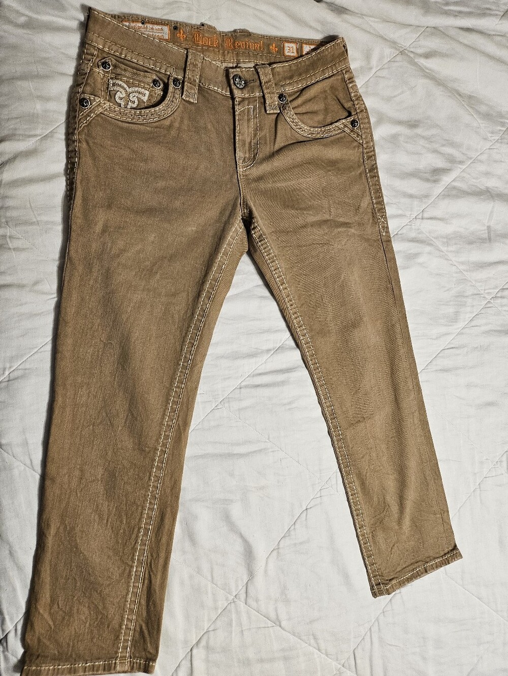 Rock Revival Jaser Slim Straight Jeans Men’s 31x30 Tan Brown Embroidered
